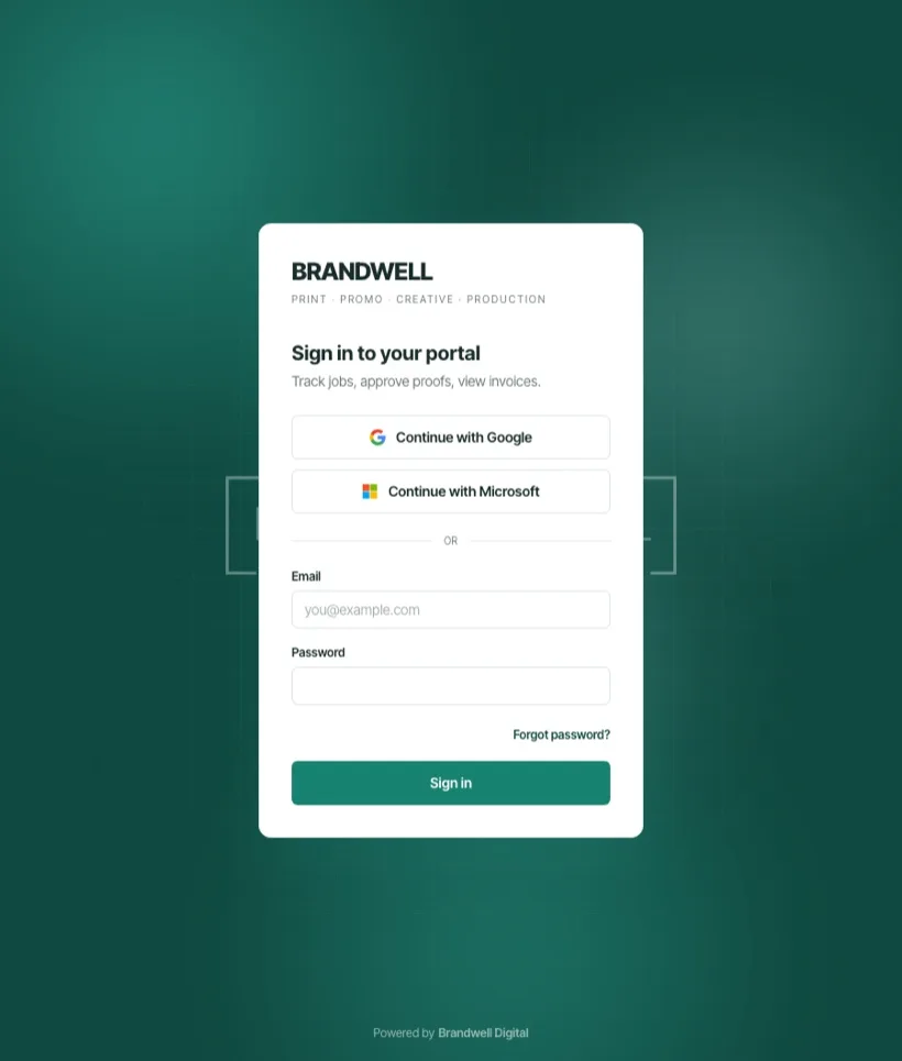 Brandwell client portal branded sign-in with Google and Microsoft access, built by RH Media